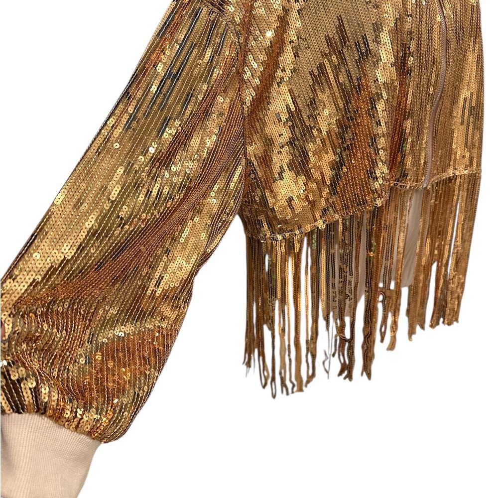 NIKKI LUND Oversize Sequins Fringe Hem Jacket in Gold L - Picture 7 of 11
